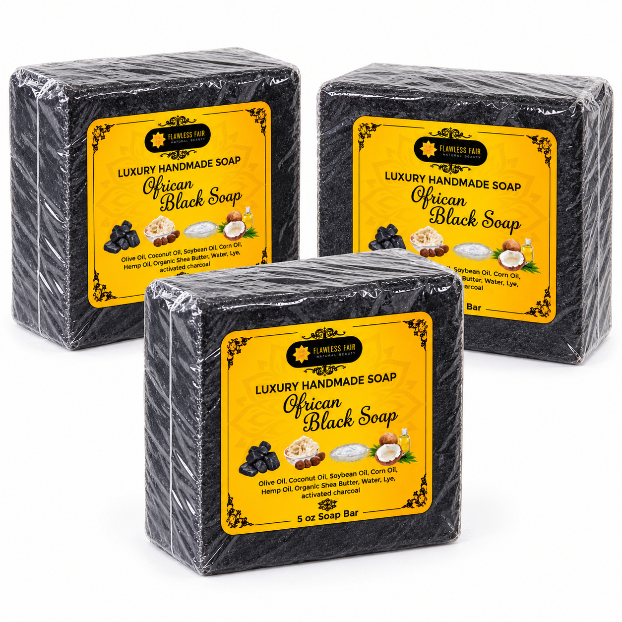 black soap 55 African Black Natural Soap 3-Pack (5 oz Each) | Wellness Organic Blend - Image 1