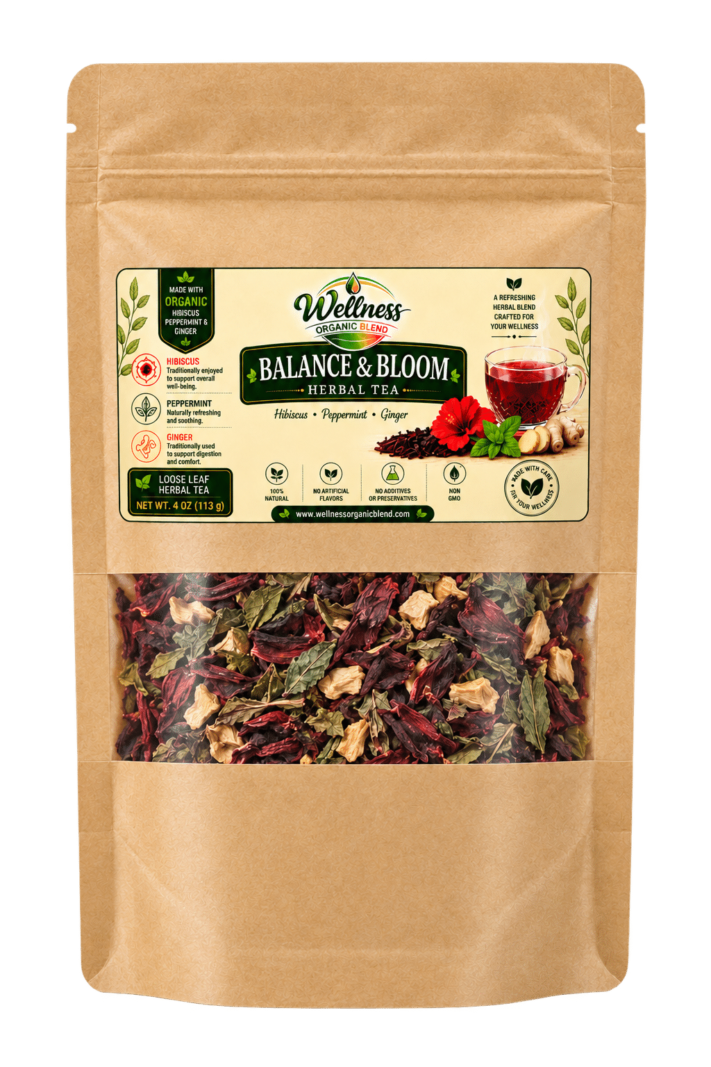 Balance_Bloom_Tea_Transparent (1) Hibiscus, Peppermint & Ginger Tea | Balance & Bloom - Image 1